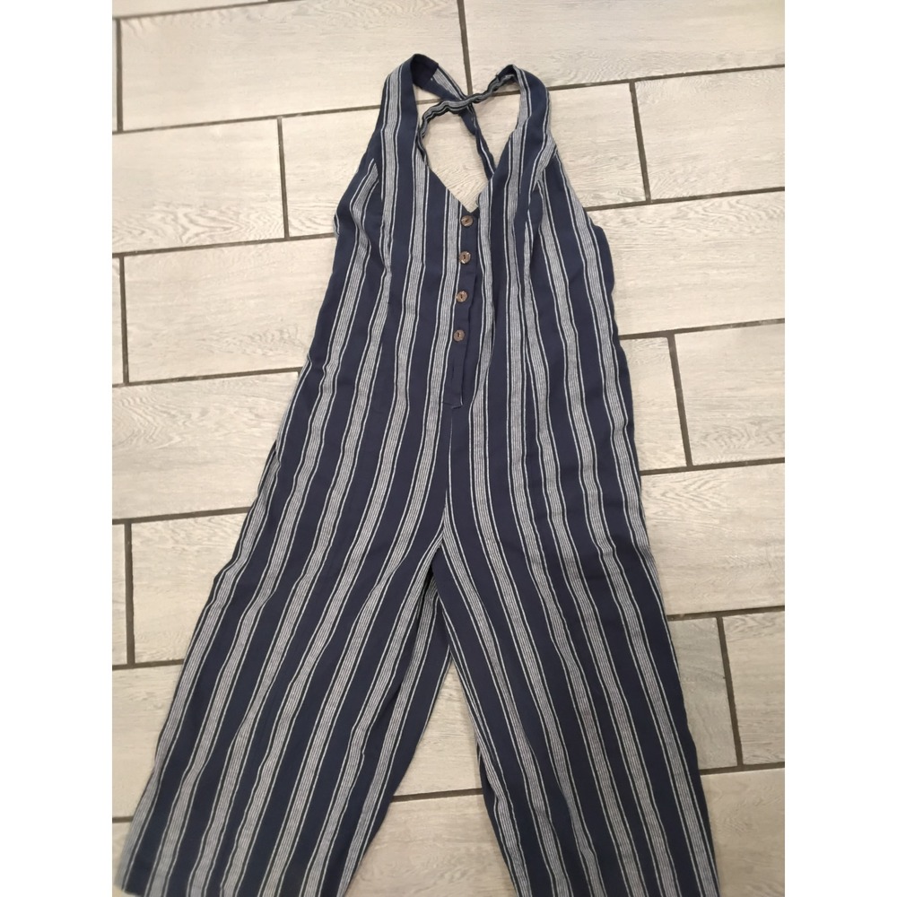 Forever‎ 21 Navy Blue White Striped Halter Jumpsuit Wide Leg Button Front Large